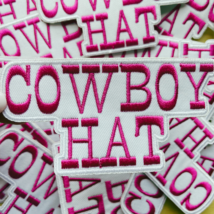 4” COWBOY HAT in White &amp; Pink -  Embroidered Hat Patch