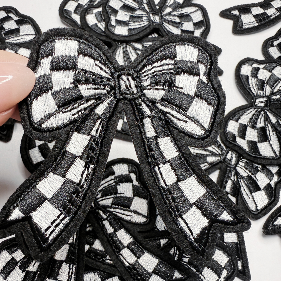 2" Checkered Black &amp; White  Bow -  Embroidered Hat Patch