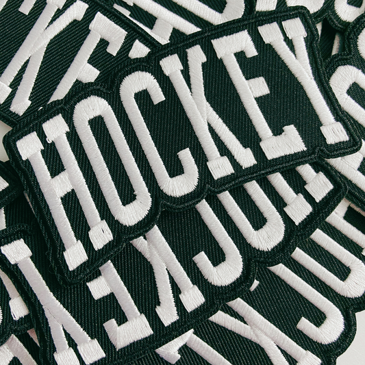 3.5” HOCKEY in white and black -  Embroidered Hat Patch