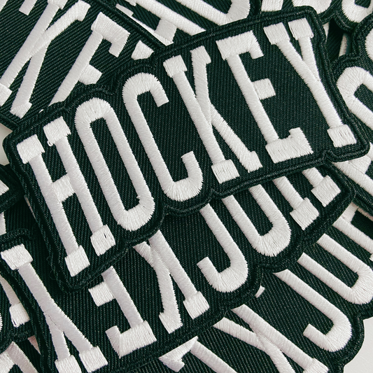 3.5” HOCKEY in white and black - Embroidered Hat Patch