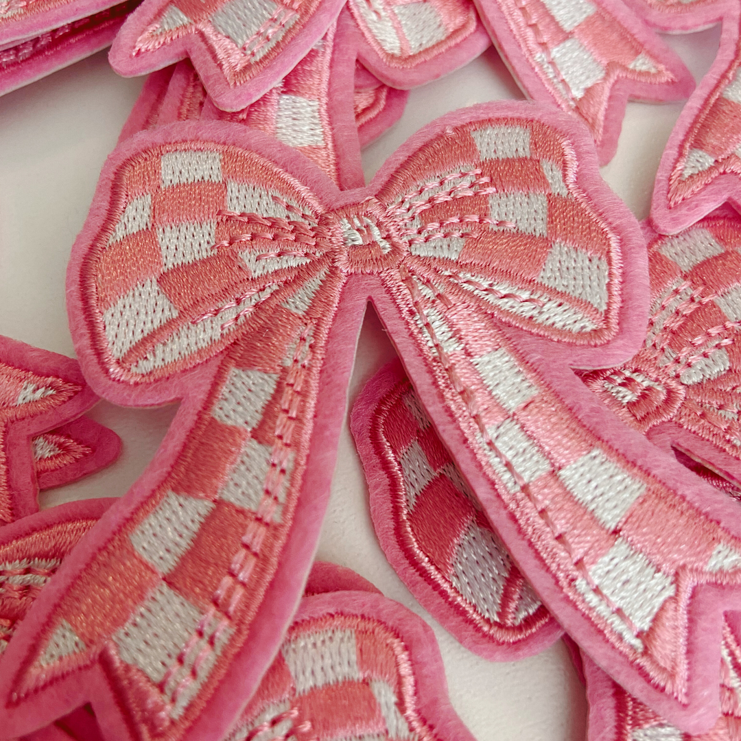 2" Checkered PINK Bow -  Embroidered Hat Patch