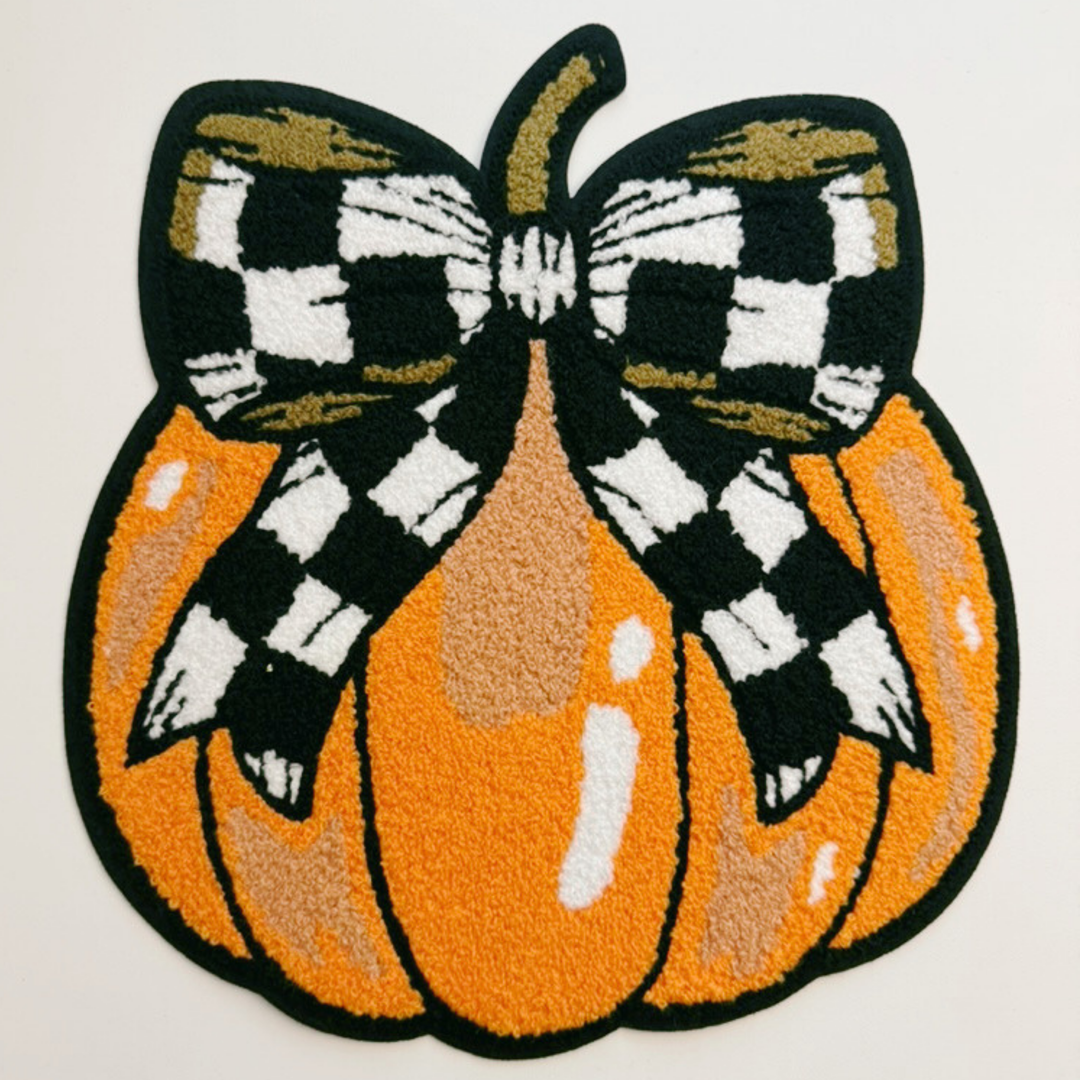 Pumpkin with Checkered Bow - 9.5" x 10.25" - Chenille Patch