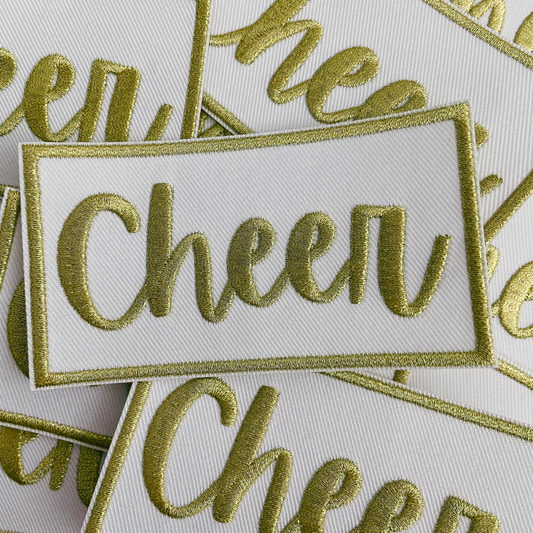 3.75" Cheer in Metallic Gold -  Embroidered Hat Patch