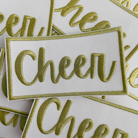 3.75" Cheer in Metallic Gold - Embroidered Hat Patch