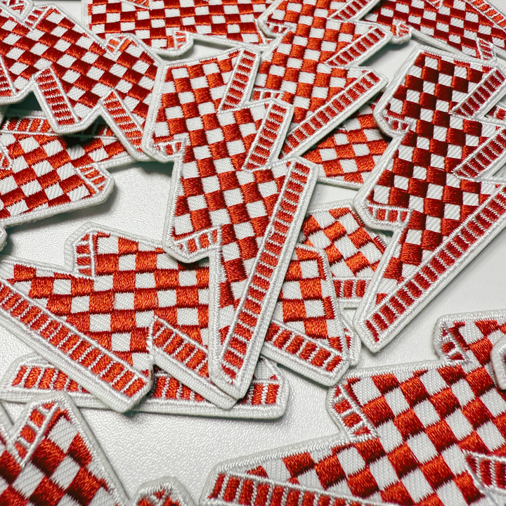 3” Checkered Lightning - Red &amp; white  - Embroidered Hat Patch