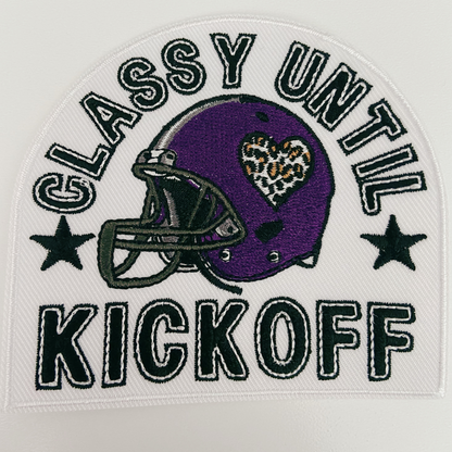 3.5" Classy Until Kickoff PURPLE -  Embroidered Hat Patch (3.5"w X 3.25"h)