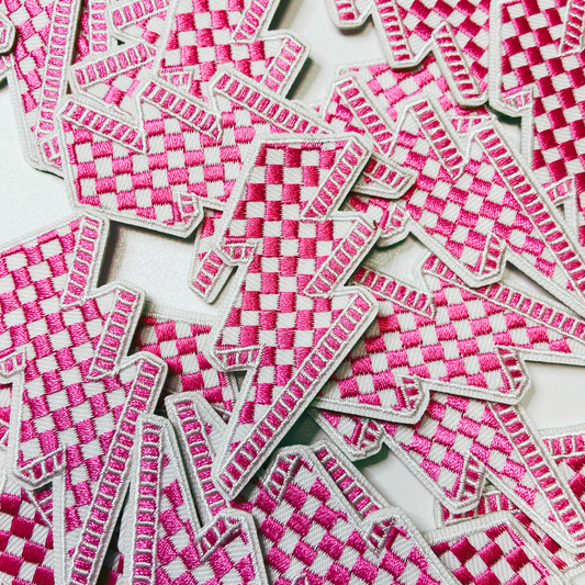 2.5” Checkered Lightning - PINK - Embroidered Hat Patch