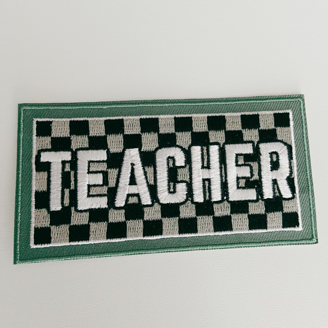 4" UNISEX TEACHER   Gray &amp; Black Checkered -  Embroidered Hat Patch