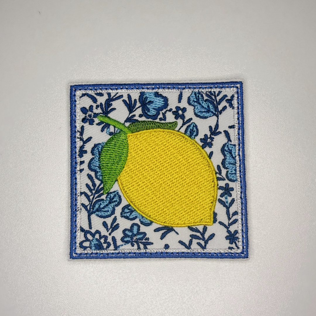 2.5" Lemon w blue Floral -  Embroidered Hat Patch