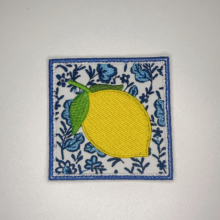 2.5" Lemon w blue Floral -  Embroidered Hat Patch