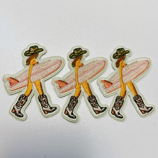 2.5" Cowgirl w Surfboard - Embroidered Hat Patch