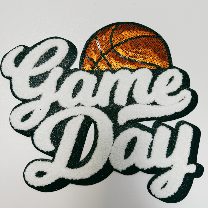 11” GAME DAY Basketball - Chenille +sequin Patch in White &amp; Black