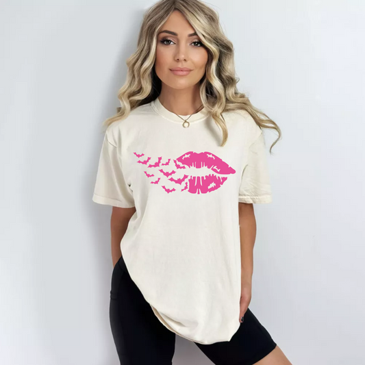 (Shirt not included) Halloween Lips w Bats in neon pink - PUFF Transfer