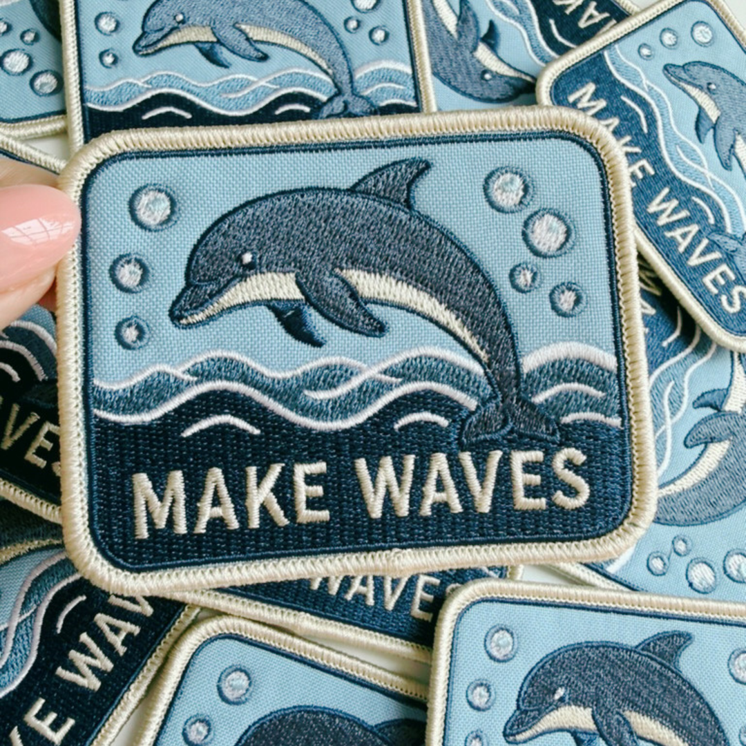 3.25" MAKE WAVES Dolphin  -  Embroidered Hat Patch