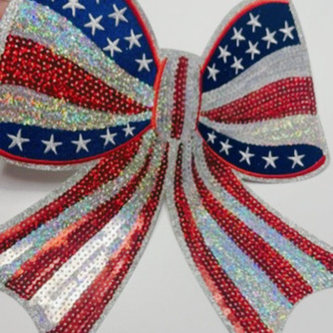 10" x 10” SEQUIN Patriotic Bow - Sequin Patch (USA) Red White &amp; Blue