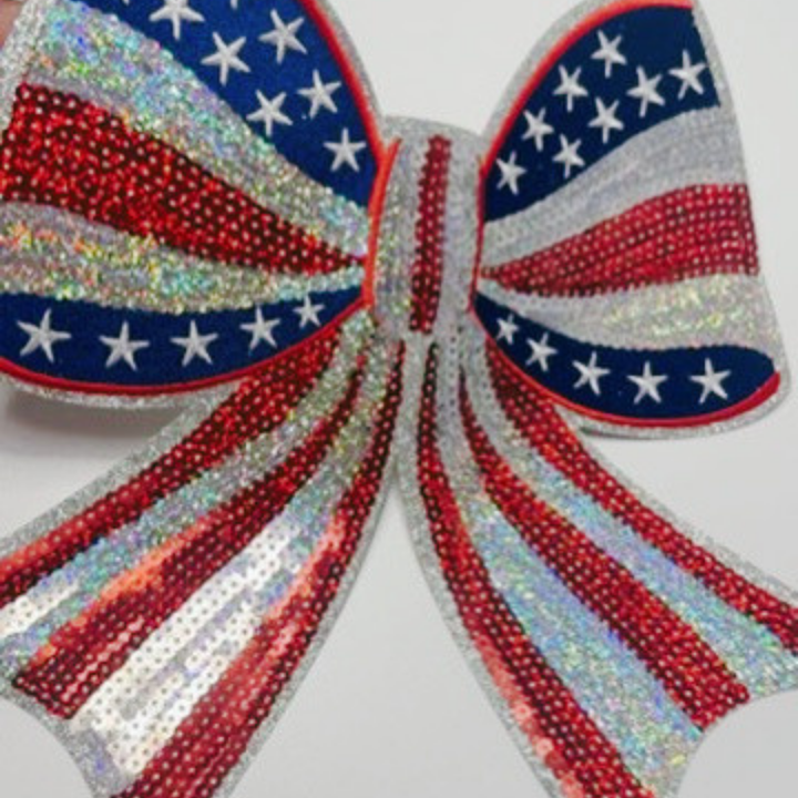 10" x 10” SEQUIN Patriotic Bow - Sequin Patch (USA) Red White &amp; Blue