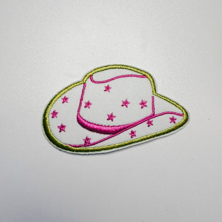 2.5” COWBOY HAT in White &amp; Pink w stars -  Embroidered Hat Patch