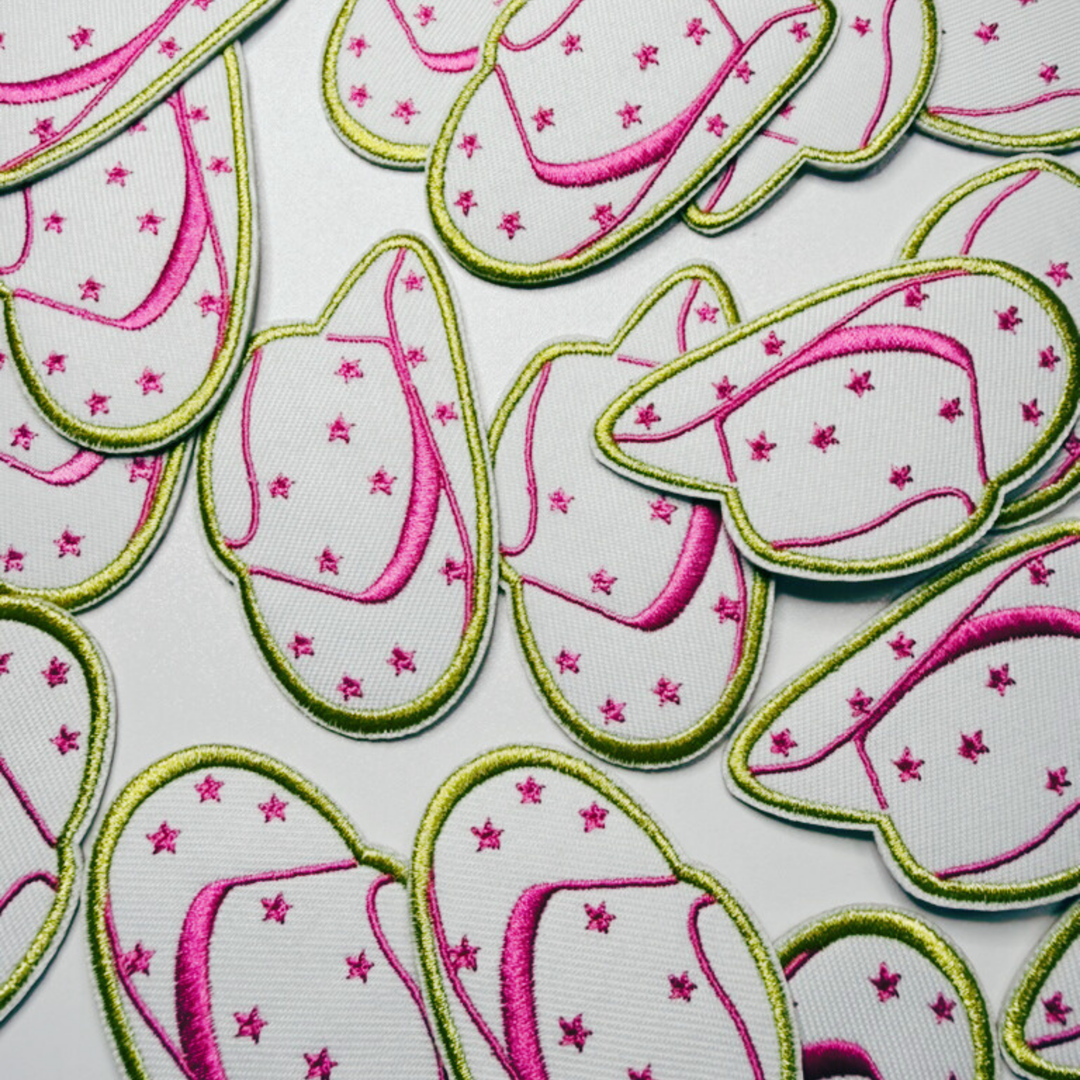 2.5” COWBOY HAT in White &amp; Pink w stars -  Embroidered Hat Patch