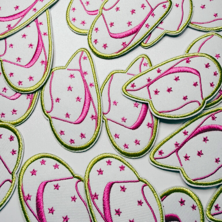 2.5” COWBOY HAT in White &amp; Pink w stars -  Embroidered Hat Patch