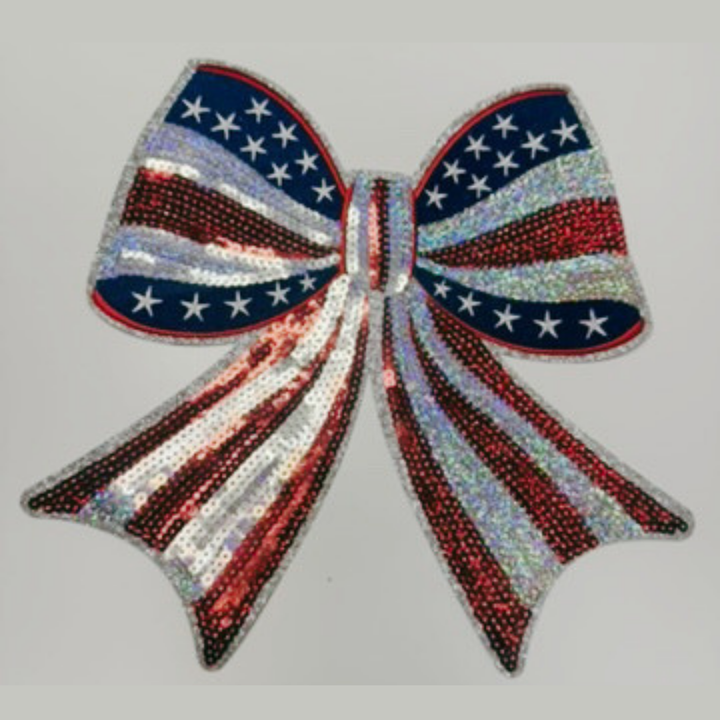 10" x 10” SEQUIN Patriotic Bow - Sequin Patch (USA) Red White &amp; Blue