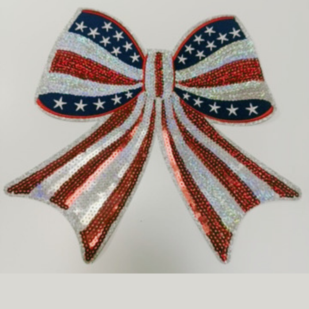 10" x 10” SEQUIN Patriotic Bow - Sequin Patch (USA) Red White &amp; Blue