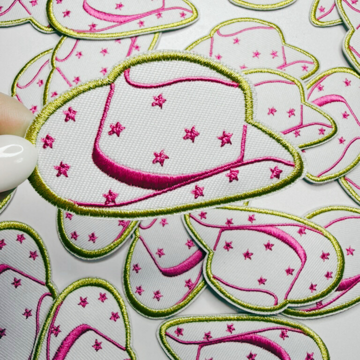 2.5” COWBOY HAT in White &amp; Pink w stars -  Embroidered Hat Patch