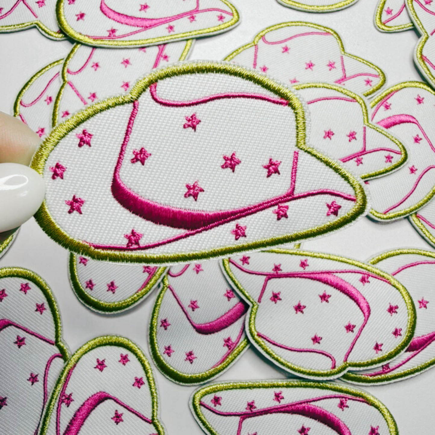 2.5” COWBOY HAT in White & Pink w stars -  Embroidered Hat Patch
