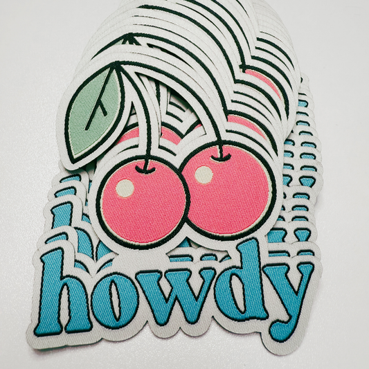 3" x 3.25" HOWDY Cherries  -  WOVEN Patch