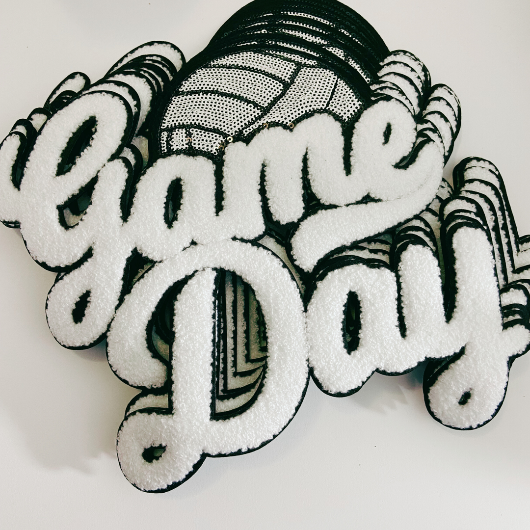 11” GAME DAY VOLLEYBALL - Sequins and Chenille Patch in White &amp; Black