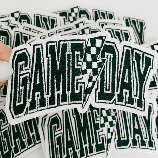 4" GAME DAY w Checkered Lightning -  Embroidered Hat Patch