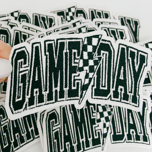 4" GAME DAY w Checkered Lightning - Embroidered Hat Patch