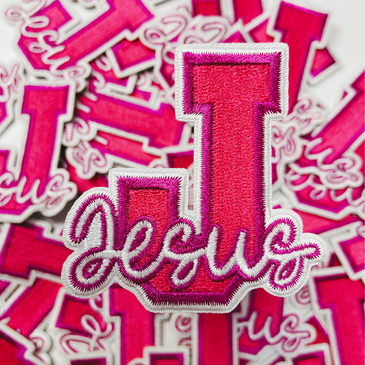 2.5" JESUS in PINK "J" -  Embroidered Hat Patch