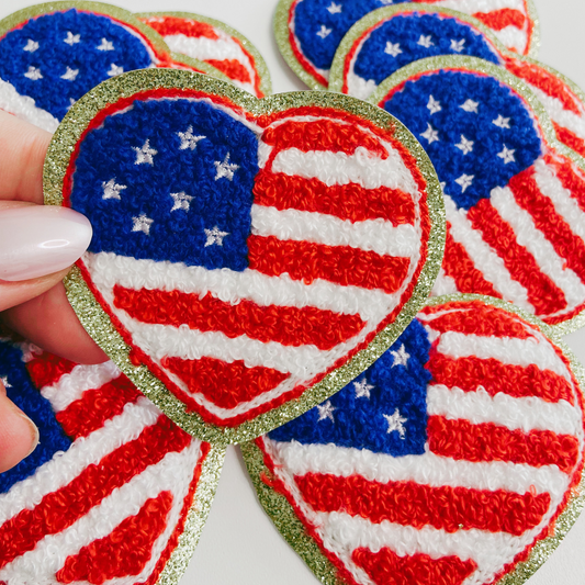 3" x 2.75" Heart shaped Flag chenille hat patch - in Red, White & Blue