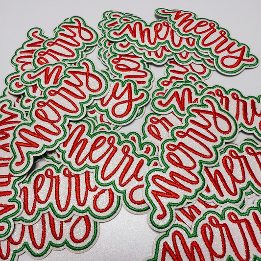 4" Merry in Red & Green w Sparkles -  Embroidered Hat Patch
