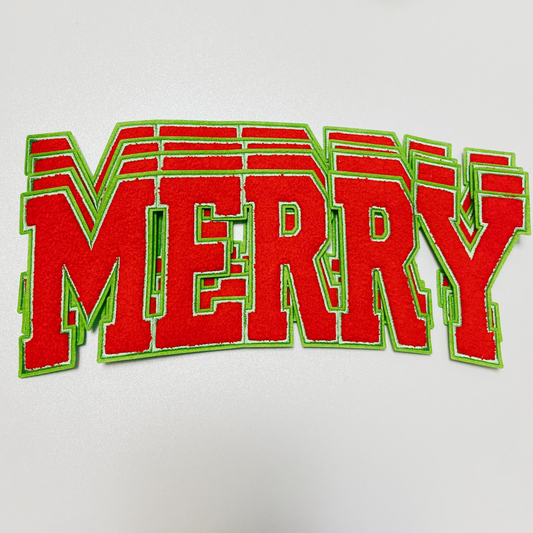 11.75" MERRY in Red with green detail - Chenille Patch