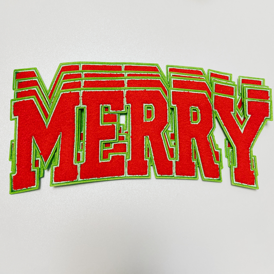 11" MERRY in Red with green detail - Chenille Patch