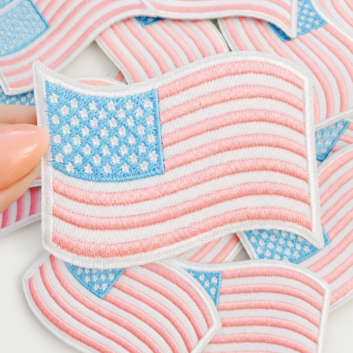 American Flag Pink, White &amp; baby Blue  - Wavy 2.75" - Embroidered Patch