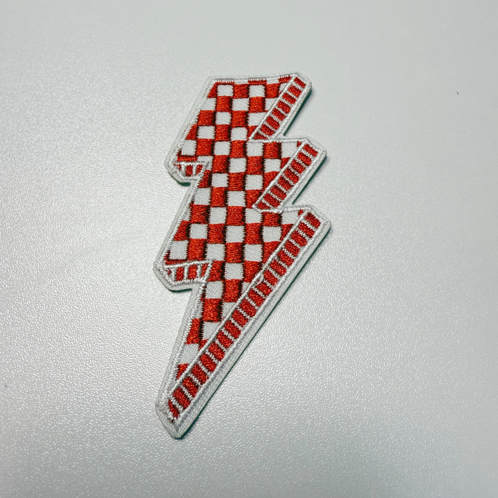 3” Checkered Lightning - Red &amp; white  - Embroidered Hat Patch