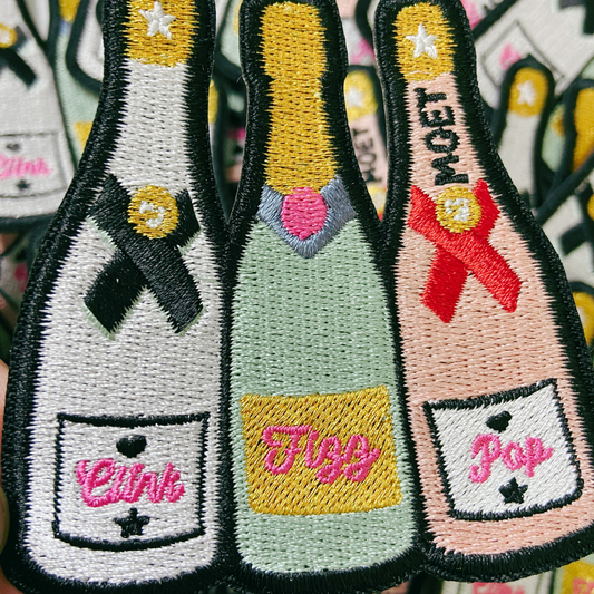 3" Clink, Fizz, Pop Champagne w Metallic Gold  -  Embroidered Hat Patch