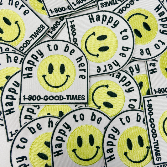 3" Happy to be here smiley face -  Embroidered Hat Patch