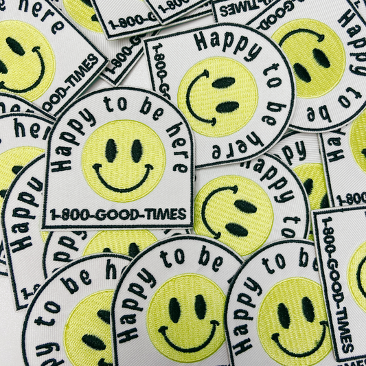 3" Happy to be here smiley face - Embroidered Hat Patch