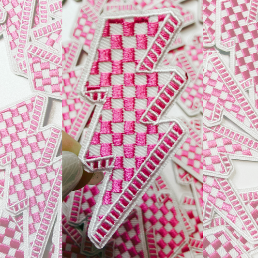 2.5” Checkered Lightning - PINK - Embroidered Hat Patch