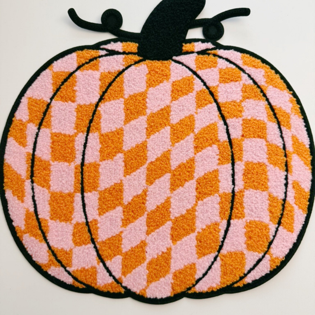 Pink &amp; Orange Checkered Pumpkin - 10.5" x 10.5" - Chenille Patch