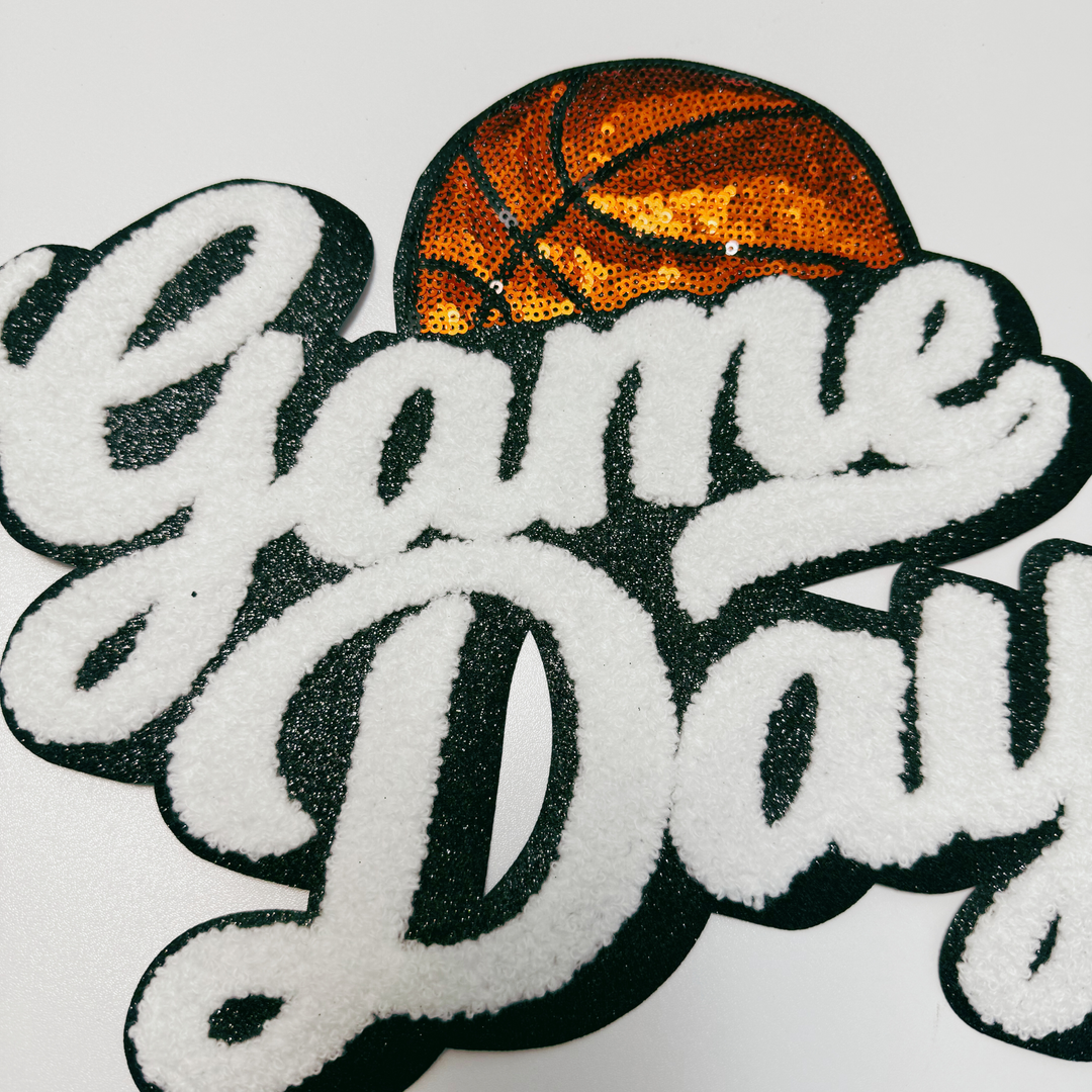 11” GAME DAY Basketball - Chenille +sequin Patch in White &amp; Black