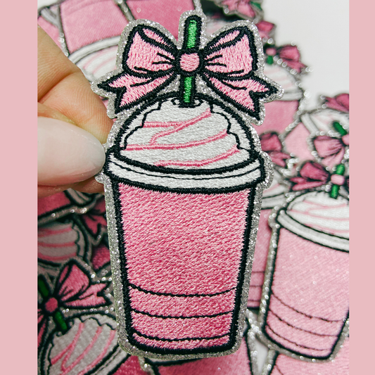 3" Pink COFFEE w Bow - Embroidered Hat Patch