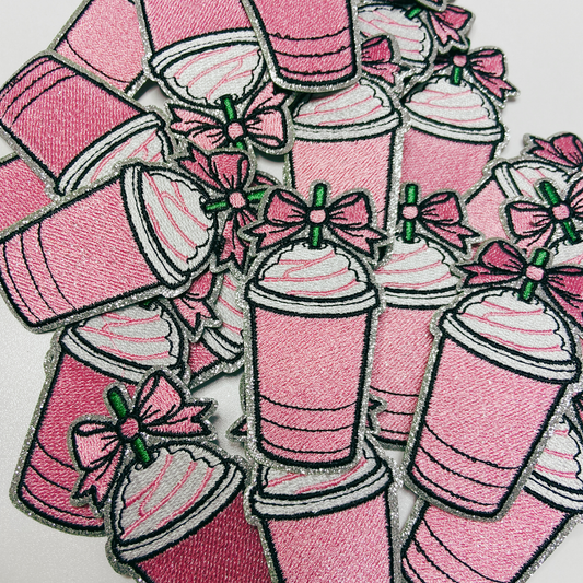 3" Pink COFFEE w Bow - Embroidered Hat Patch