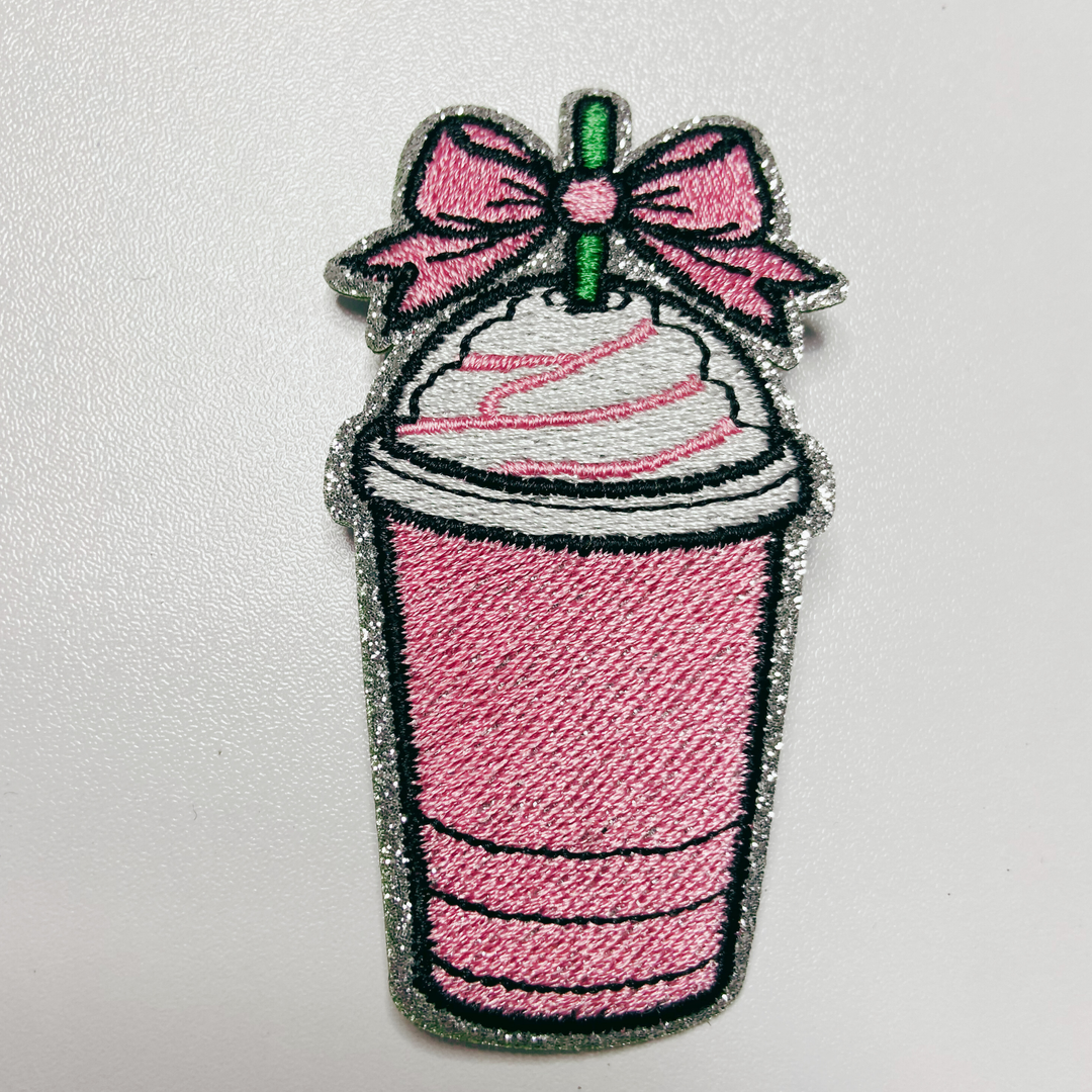 3"  Pink COFFEE w Bow  - Embroidered Hat Patch