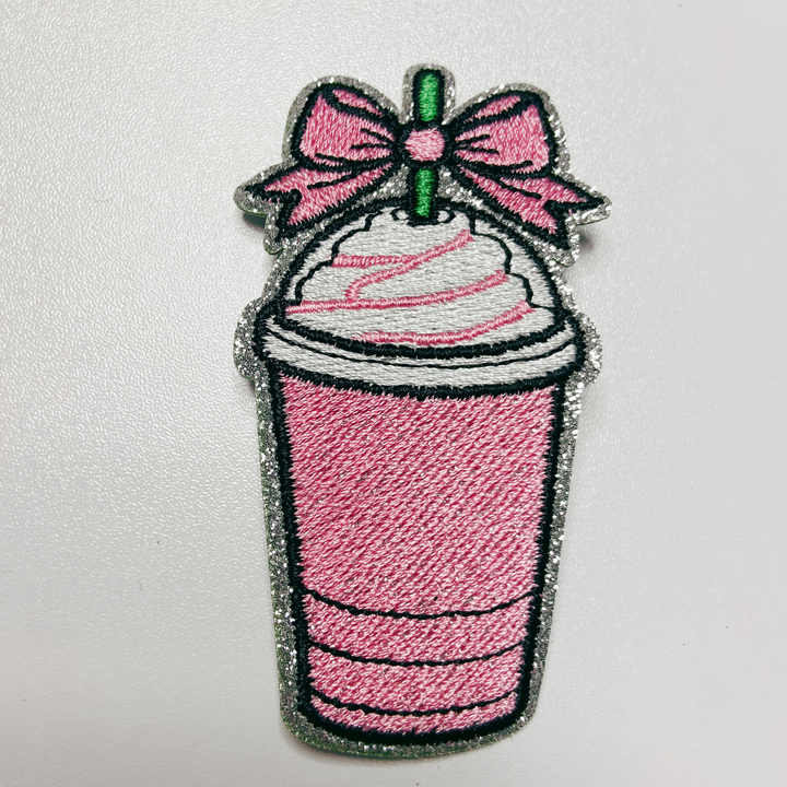 3"  Pink COFFEE w Bow  - Embroidered Hat Patch