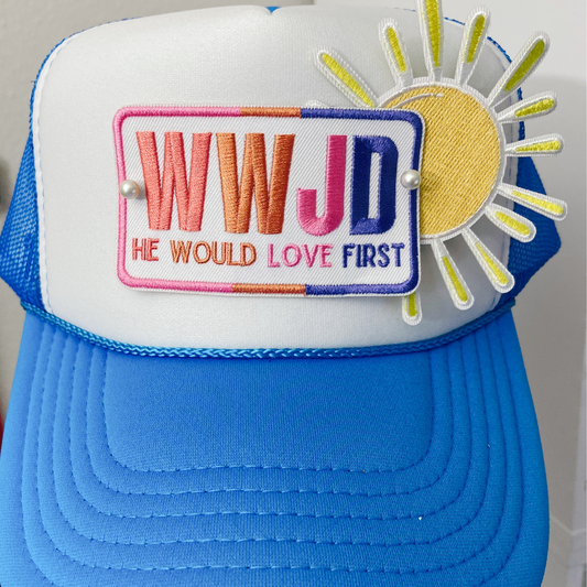 3.5" WWJD He Would Love First  -  Embroidered Hat Patch