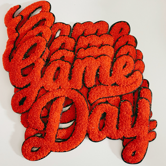 11” GAME DAY script in RED - Chenille Patch